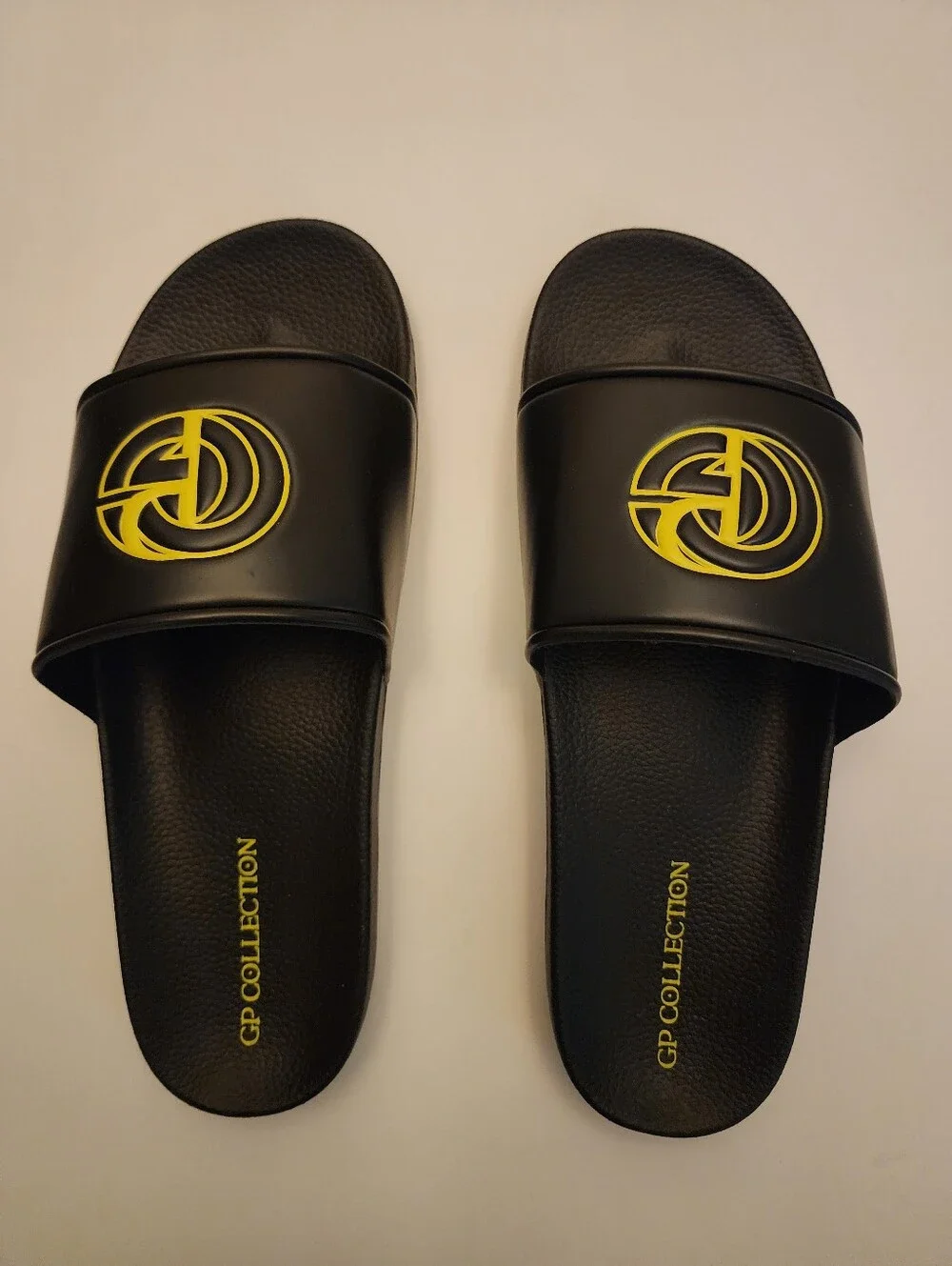 GP Collection Italian  Black Slide Sandals with Yellow Logo